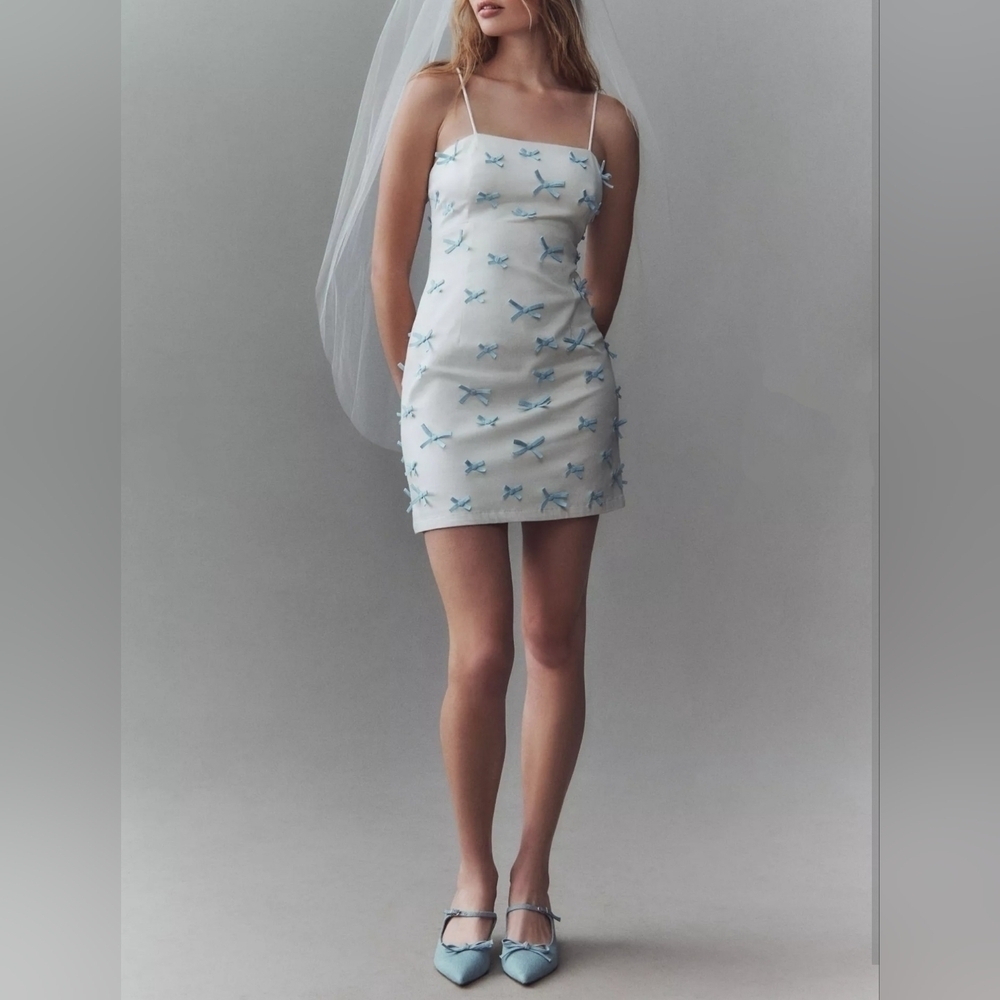 BHLDN Women's Blue Bow Fitted Mini Dress Ivory & Blue, Wedding Engagement Shower